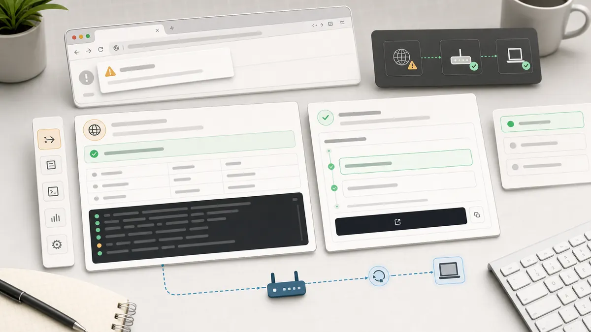A localhost request inspection workbench with browser, terminal, and routing panels