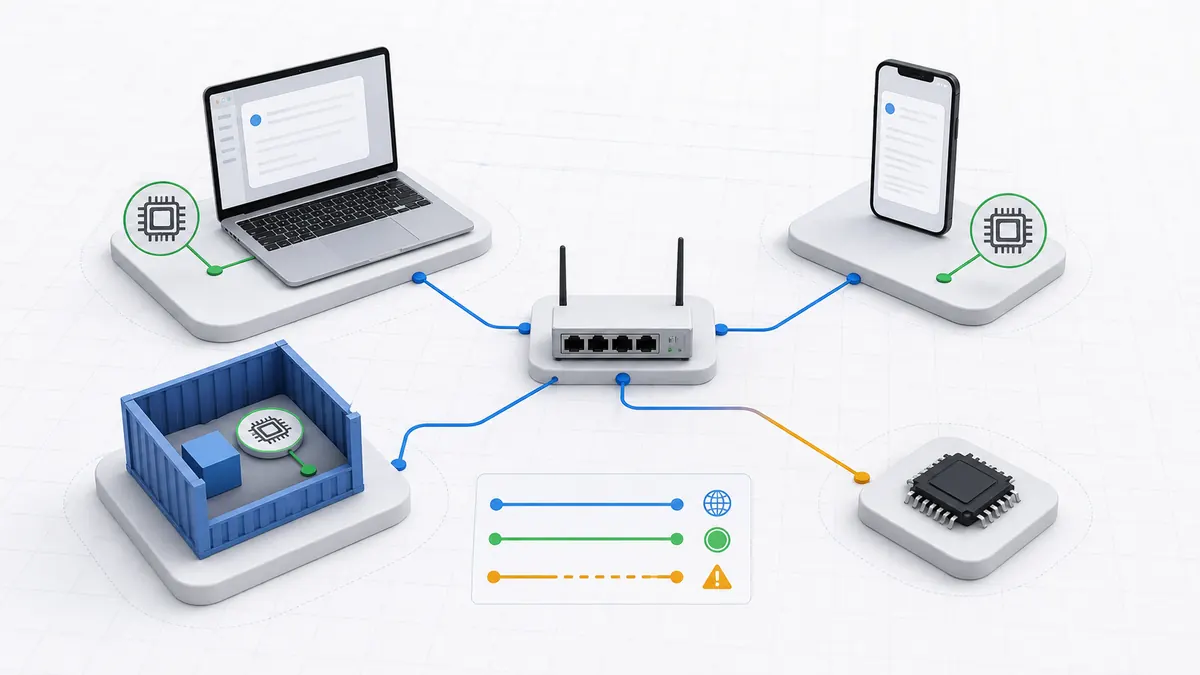 A network diagram showing phone, laptop, container, router, and loopback nodes