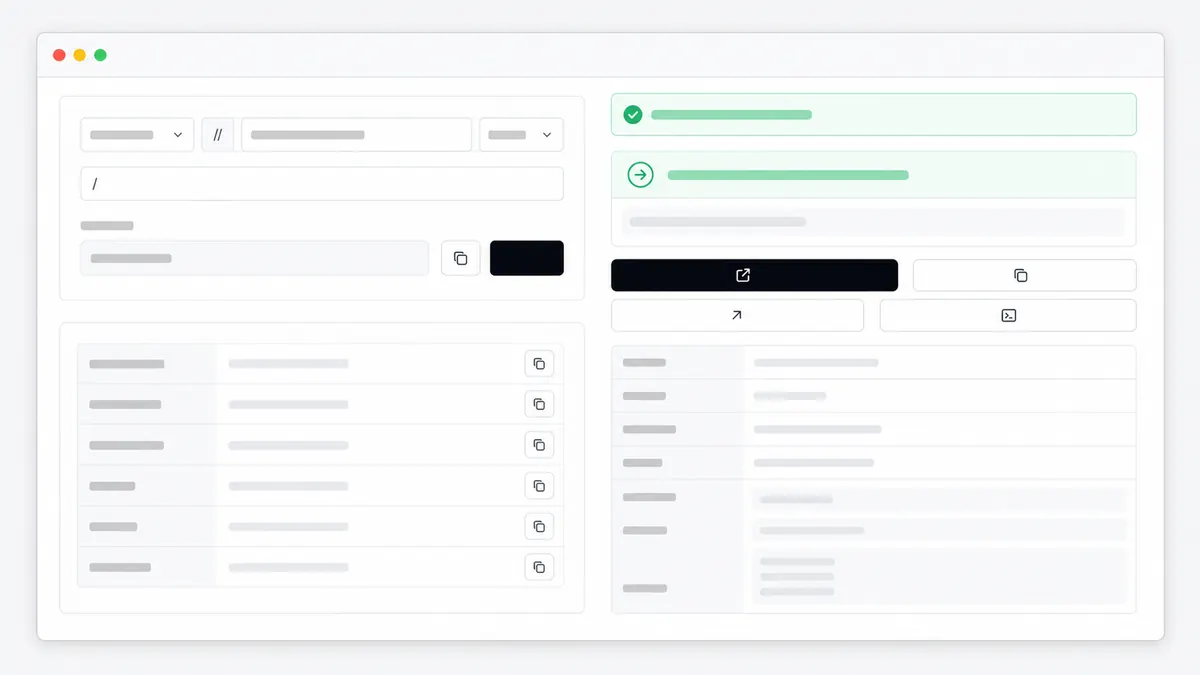 A compact localhost utility panel with URL controls, request rows, and copy actions